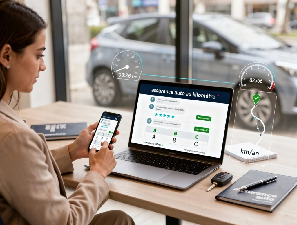 Une femme regarde pour prendre une assurance auto au km Une femme regarde pour prendre une assurance auto au km